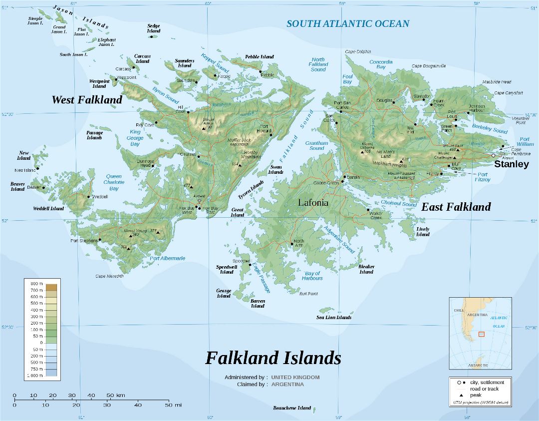 Large detailed physical map of Falkland Islands with roads and cities