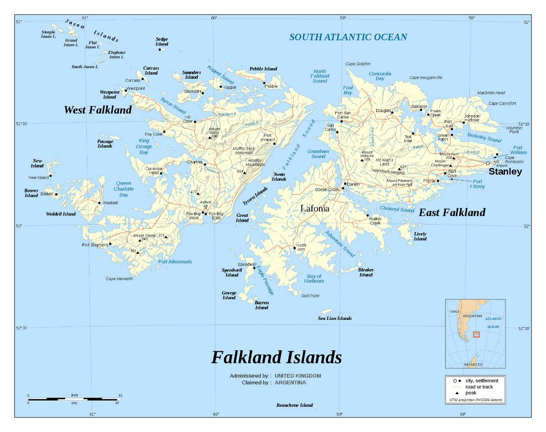 Large detailed political map of Falkland Islands with relief, roads and cities
