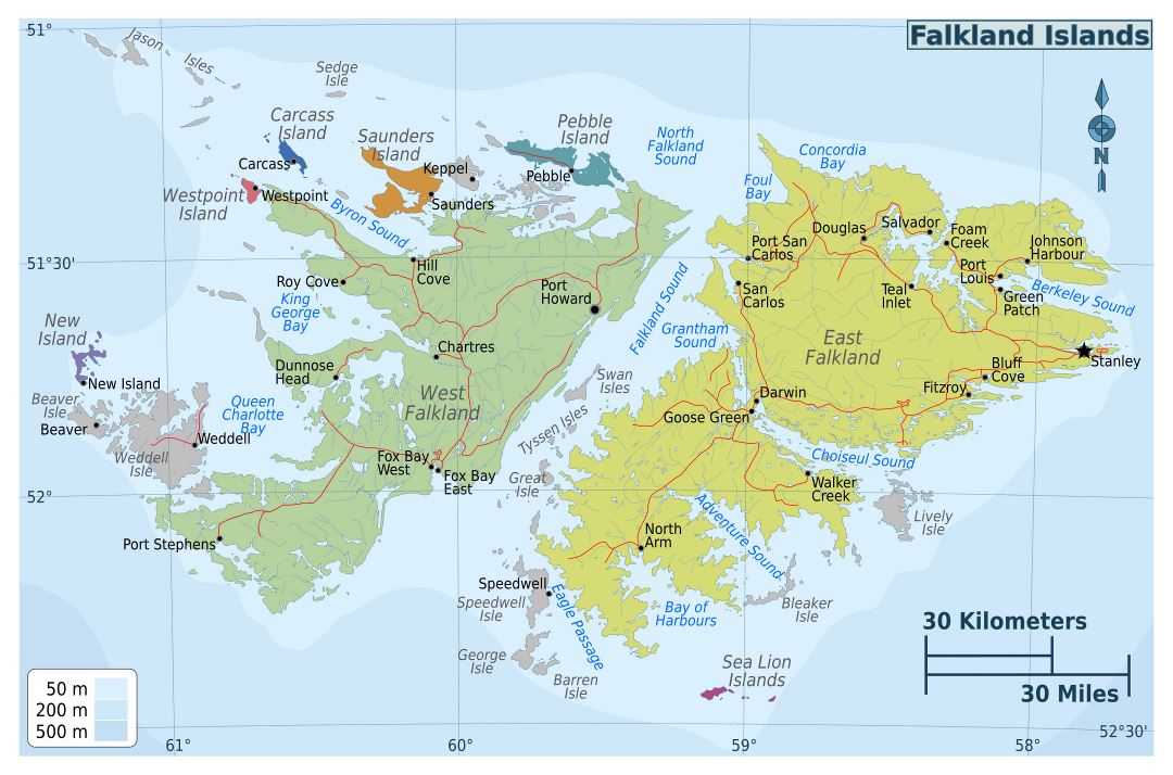 Large detailed regions map of Falkland Islands with roads and cities