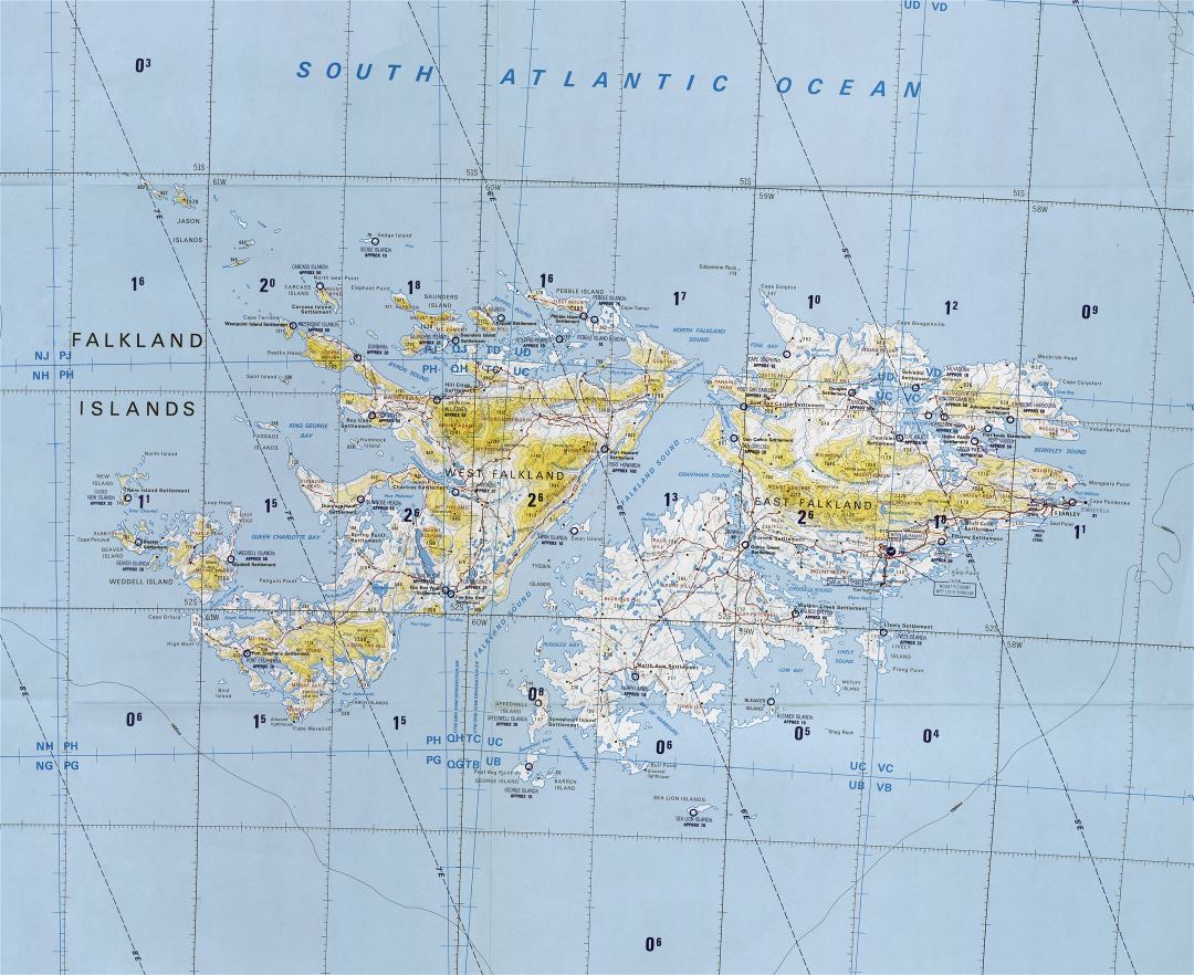 Large detailed topographical map of Falkland Islands