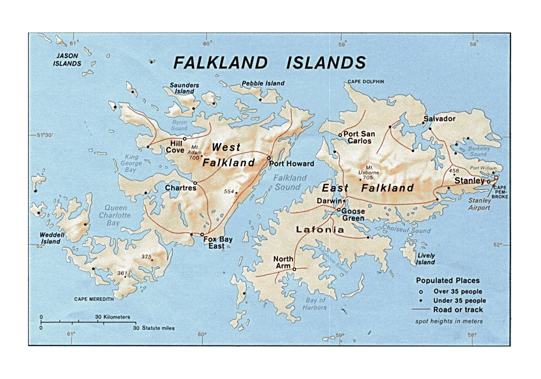 Large political map of Falkland Islands with relief, roads and cities