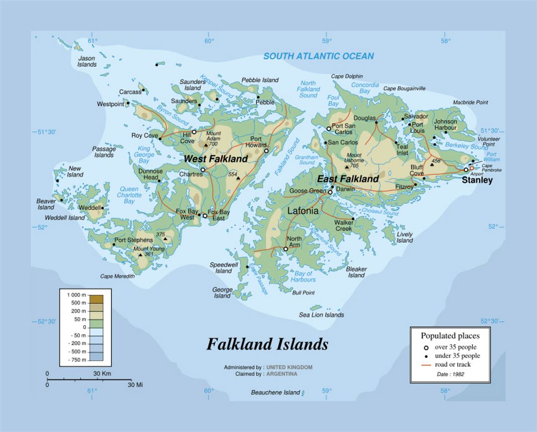 Physical map of Falkland Islands