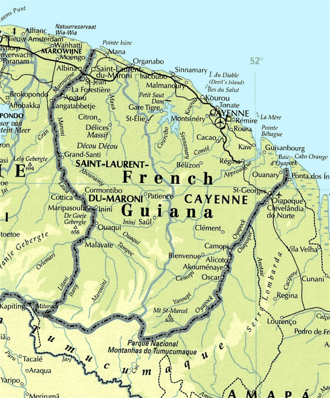 Detailed map of French Guiana with roads and cities