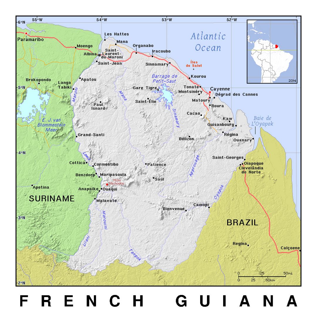 Detailed political map of French Guiana with relief