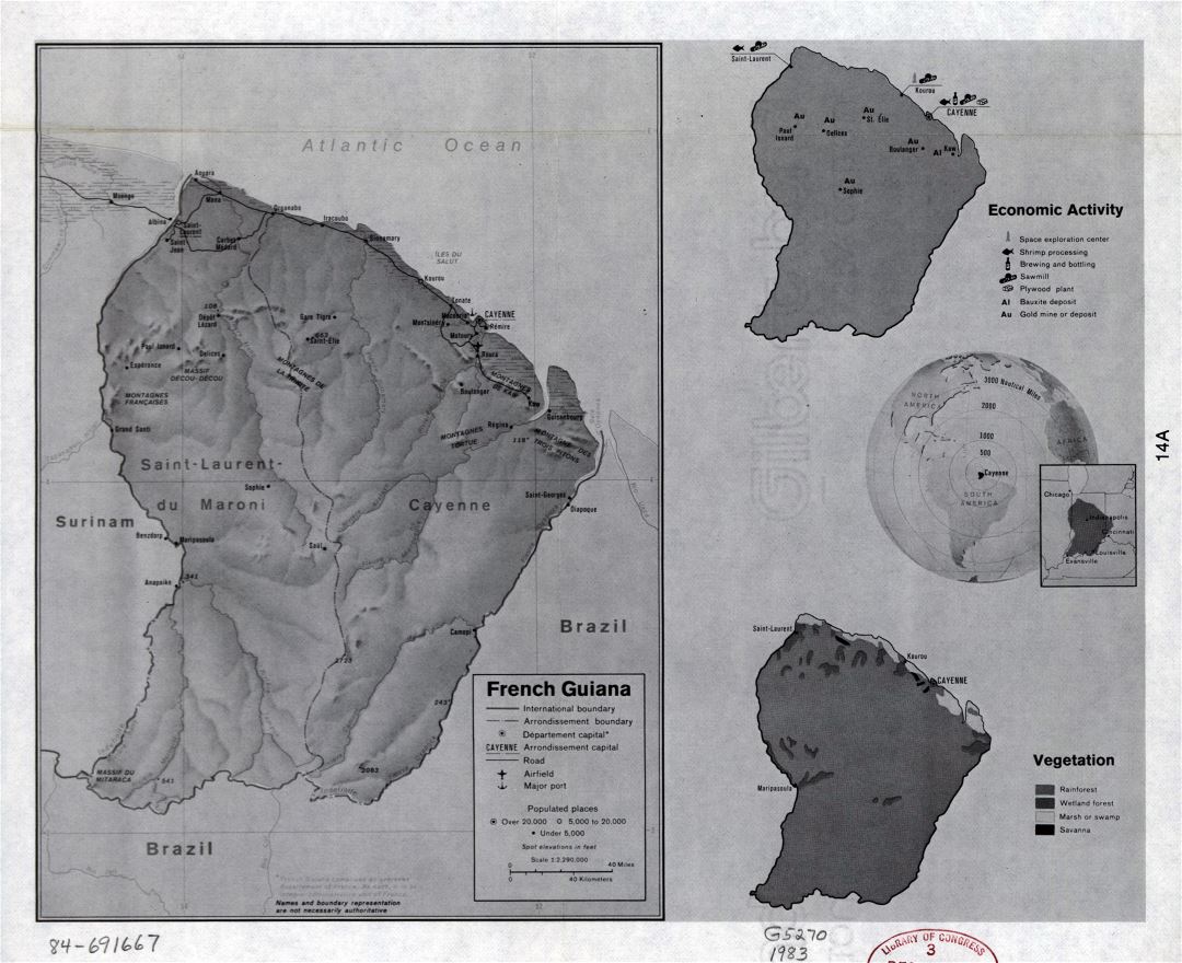 Large detailed country profile map of French Guiana - 1983