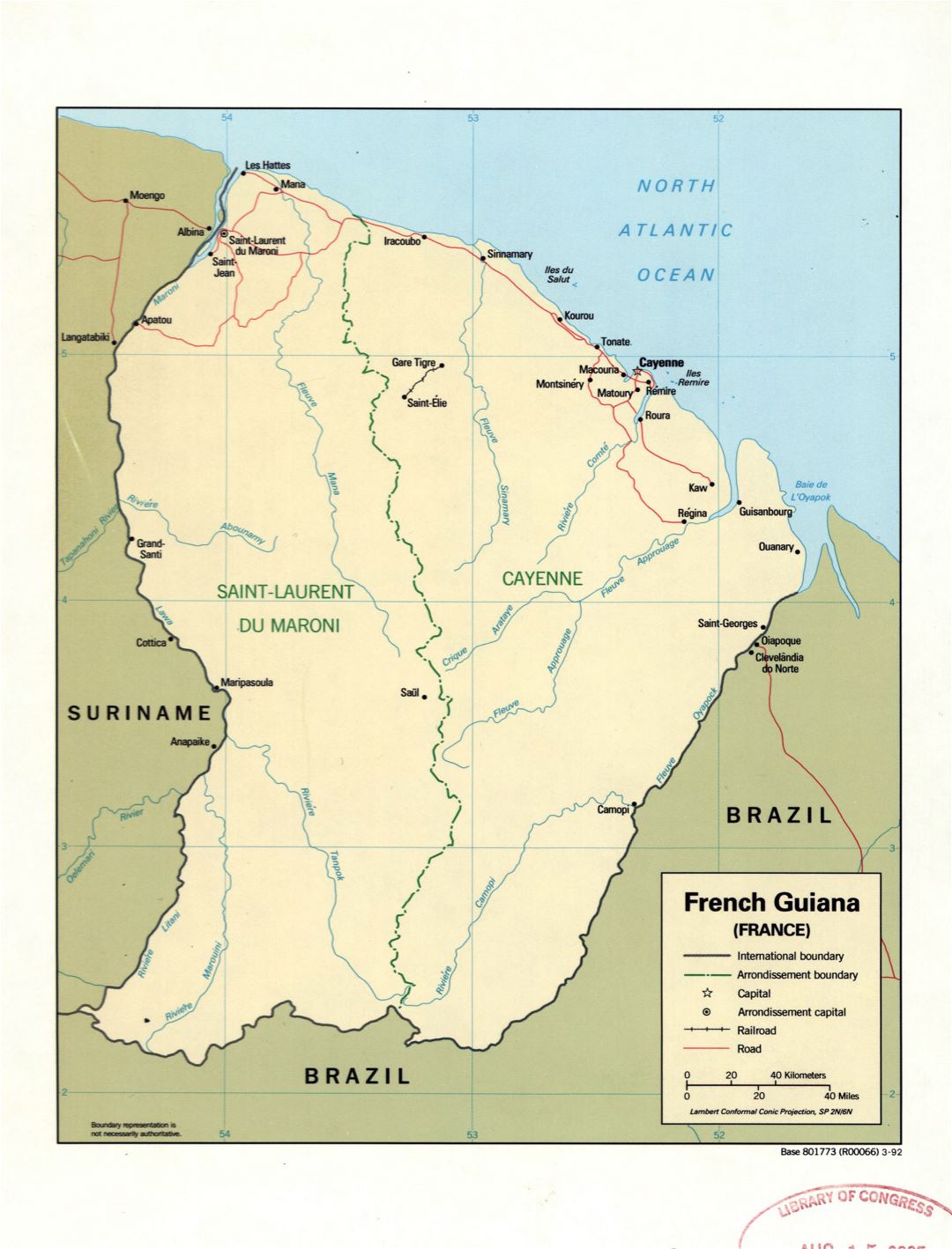 Large detailed political and administrative map of French Guiana with marks of cities, roads and railroads - 1992