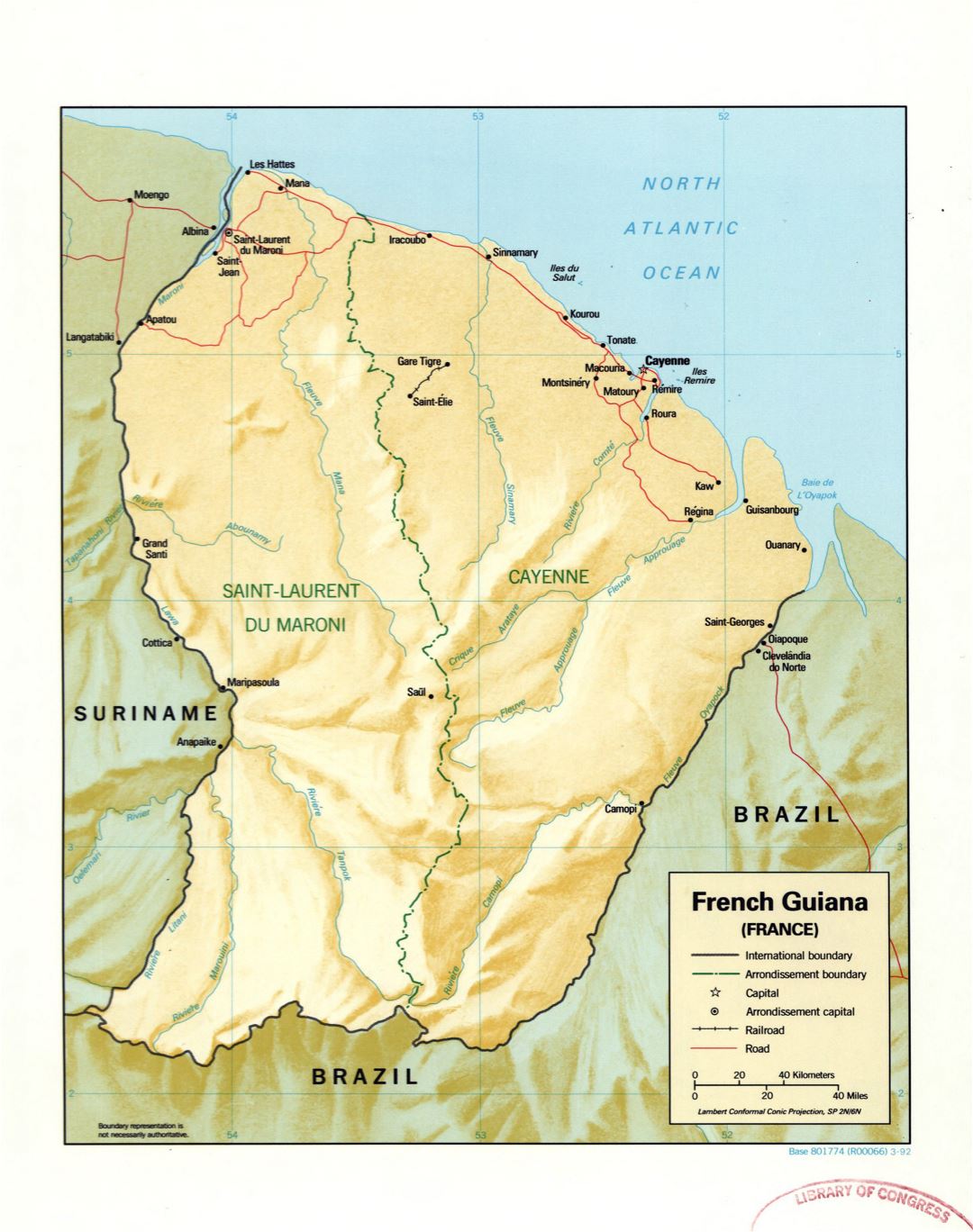 Large detailed political and administrative map of French Guiana with relief and marks of cities, roads and railroads - 1992