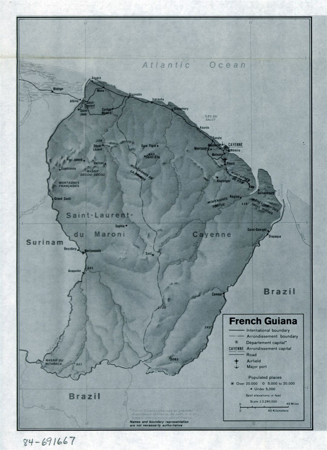 Large detailed political and administrative map of French Guiana with relief, roads, cities, airports and sea ports - 1983