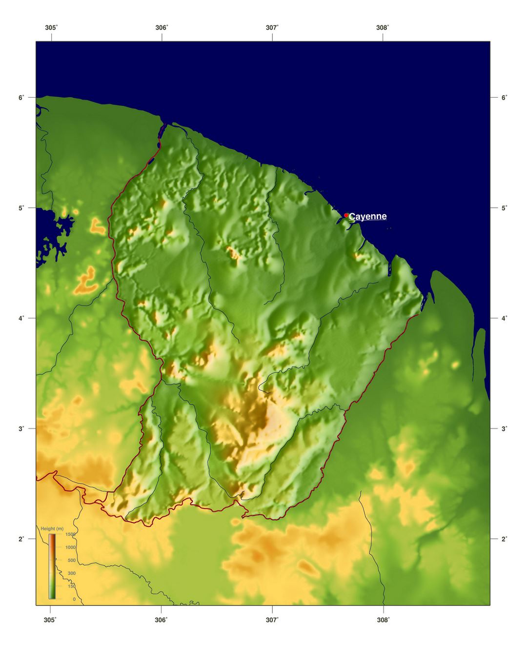 Large physical map of French Guiana