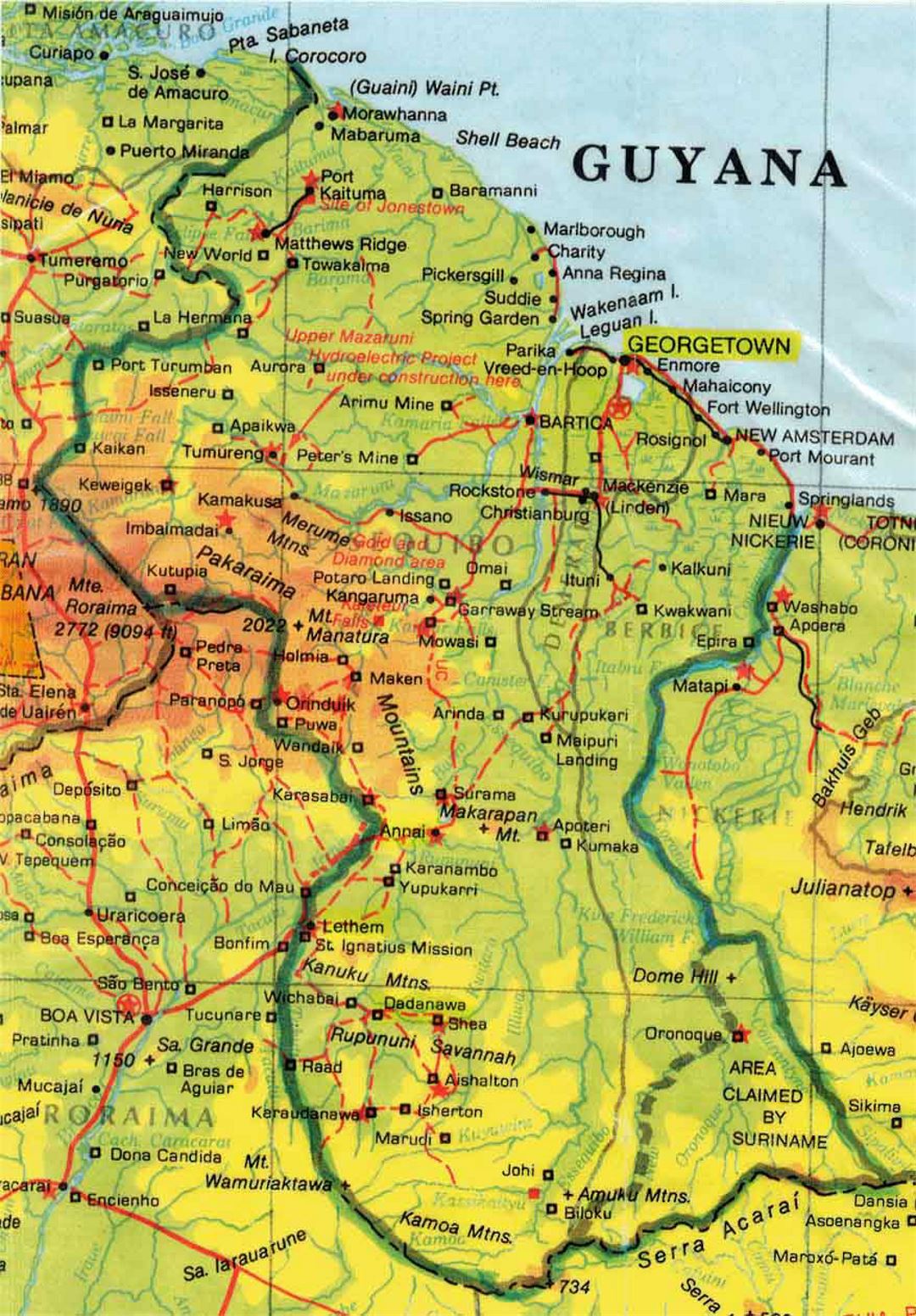 Detailed elevation map of Guyana with roads and all cities