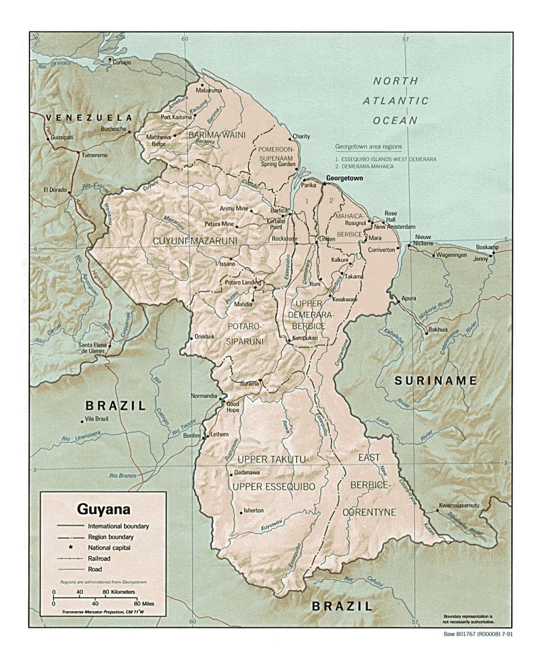 Detailed political and administrative map of Guyana with relief, roads and cities - 1991