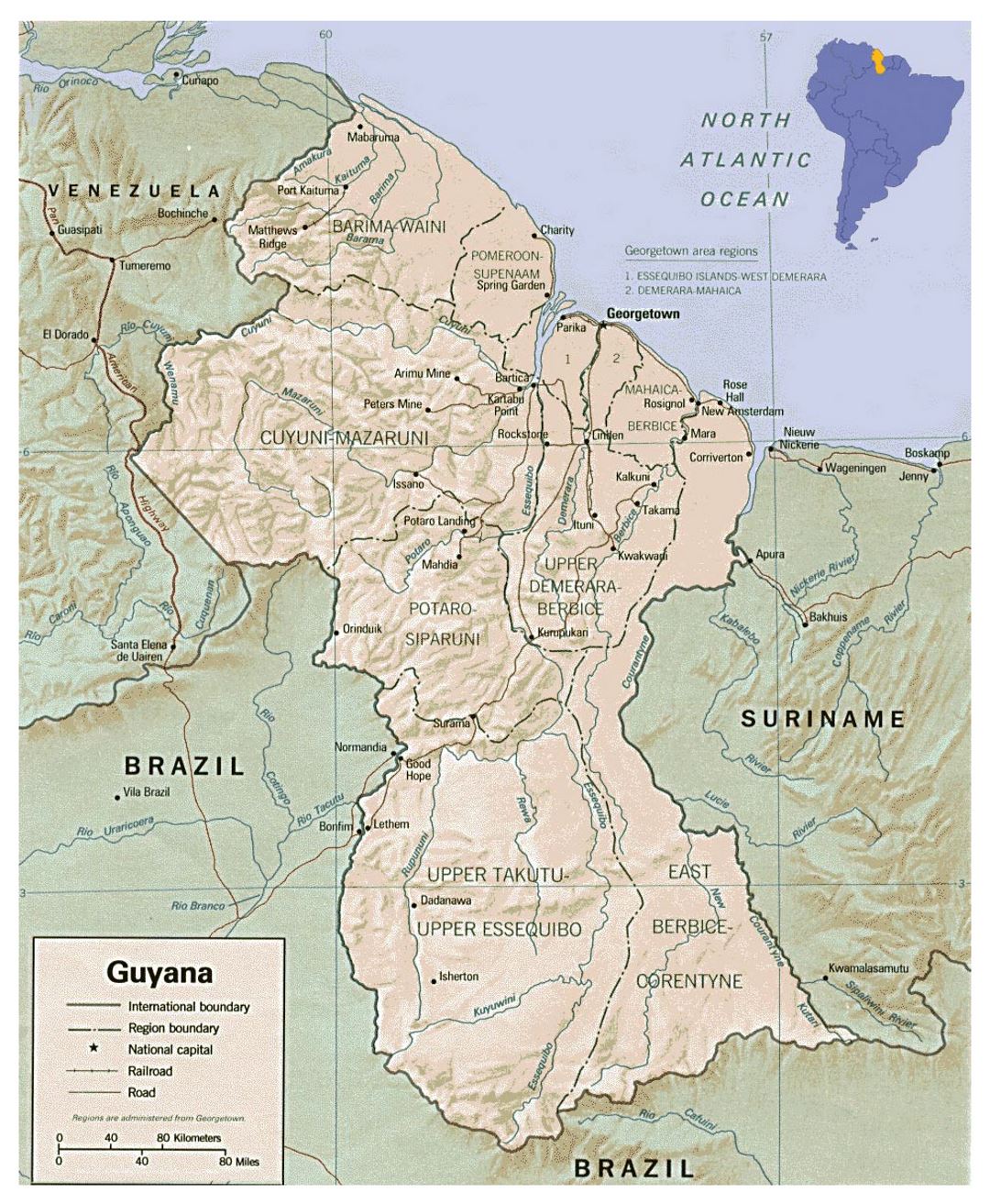 Detailed political and administrative map of Guyana with relief, roads and cities