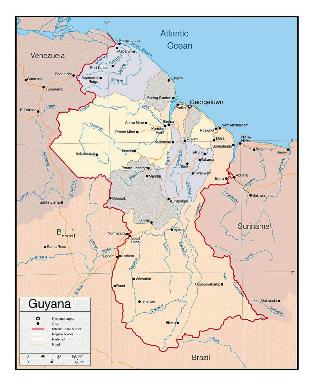 Detailed political and administrative map of Guyana with roads and cities