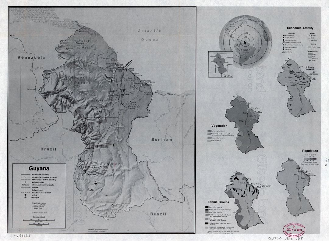 Large detailed country profile map of Guyana - 1983