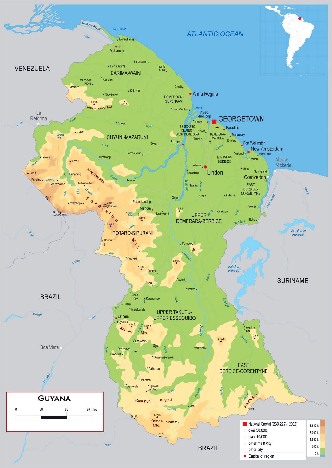 Large detailed physical map of Guyana with roads, cities and airports