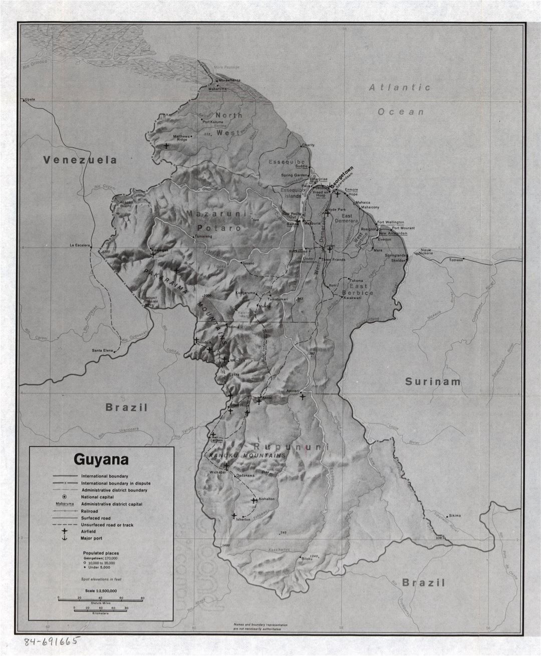 Large detailed political and administrative map of Guyana with relief, marks of roads, railroads, cities, sea ports and airports - 1983