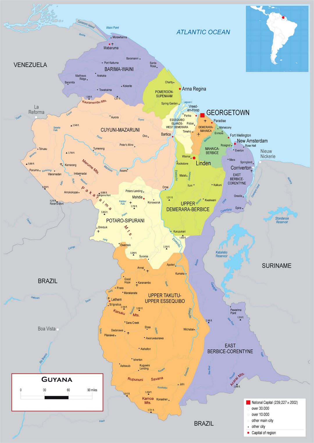 Large detailed political and administrative map of Guyana with roads, cities and airports