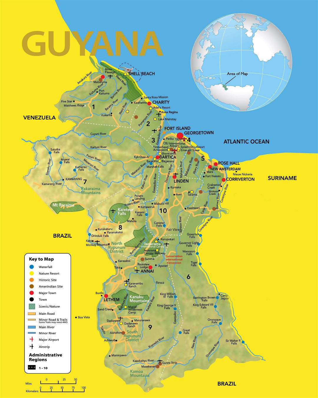 Large detailed travel map of Guyana