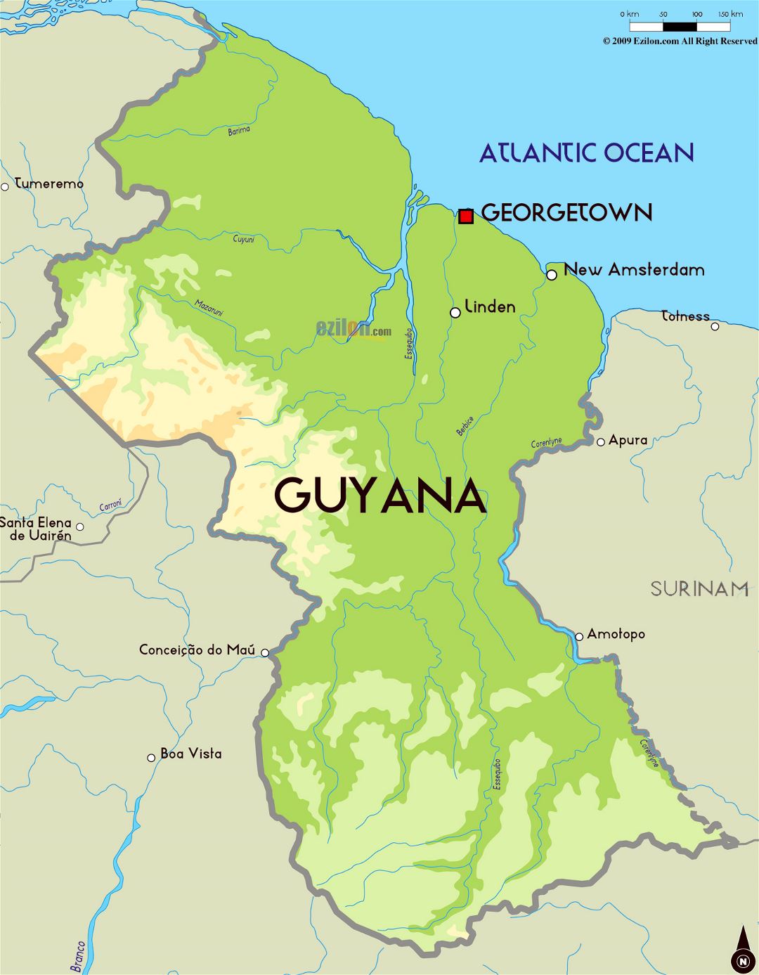 Large physical map of Guyana with major cities