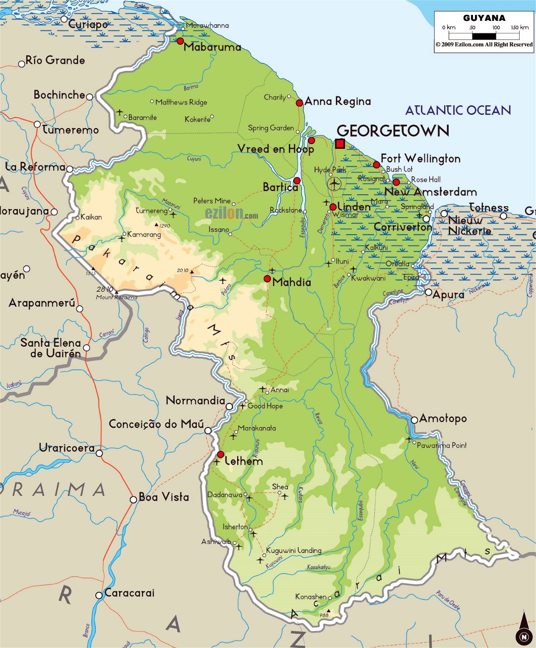 Large physical map of Guyana with roads, cities and airports