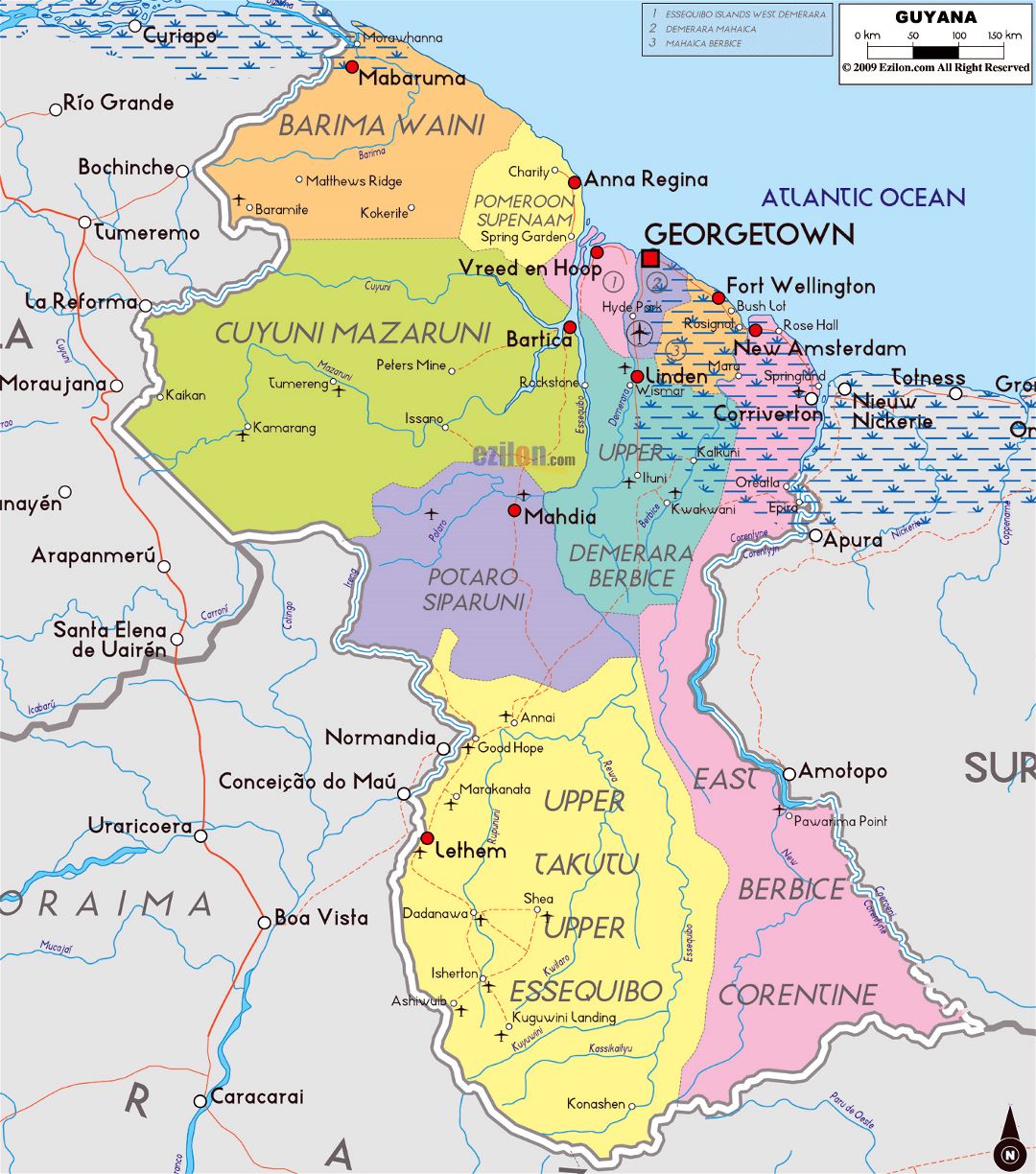 Large political and administrative map of Guyana with roads, cities and airports