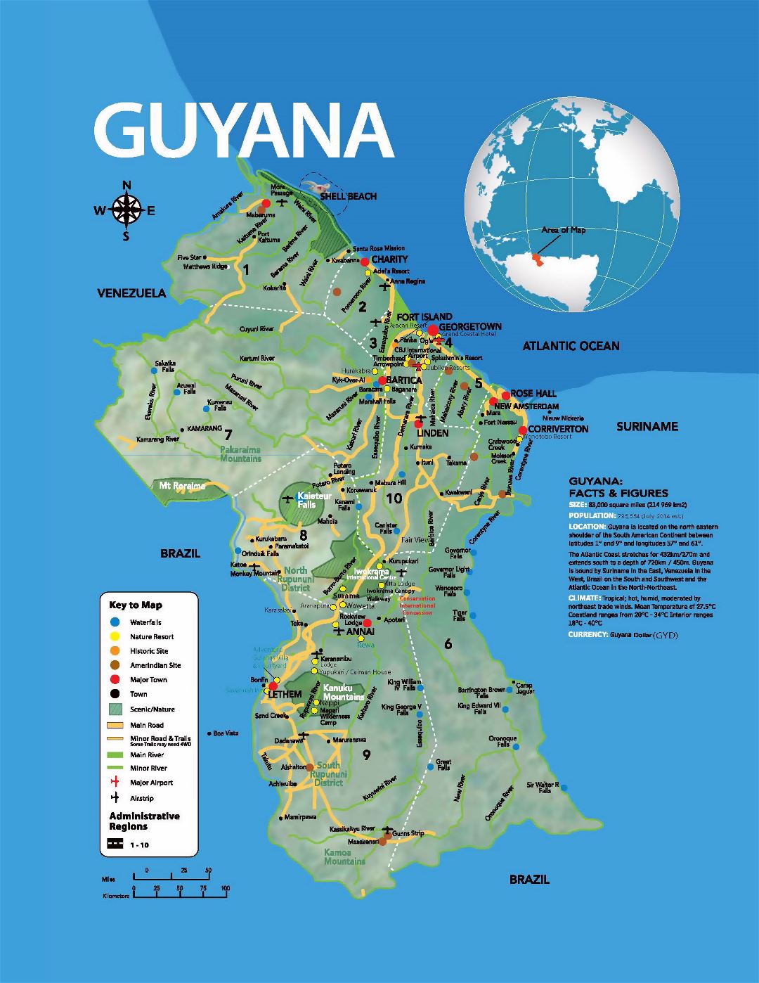 Large tourist map of Guyana with other marks