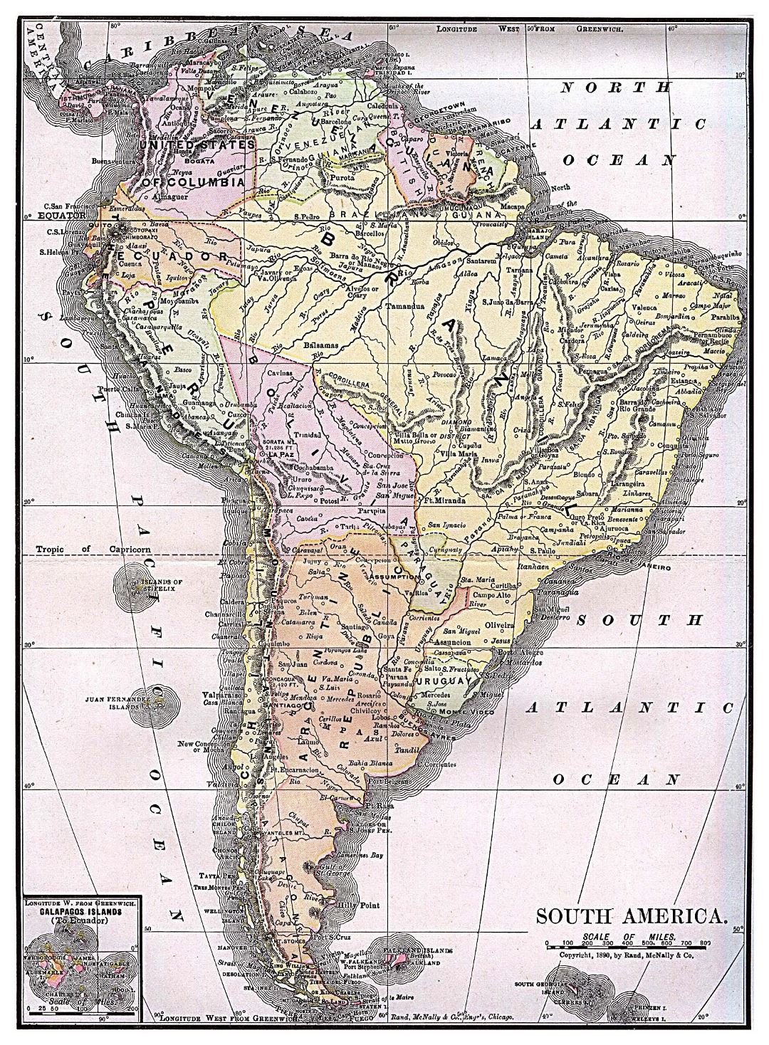 Large detailed old political map of South America - 1892
