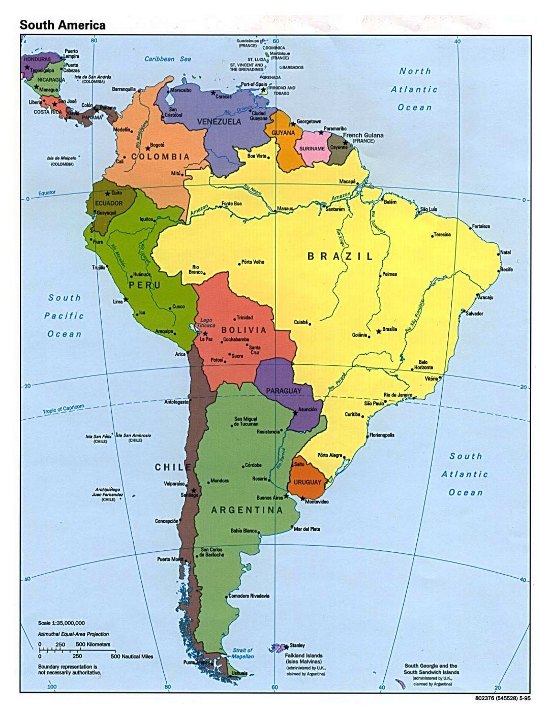 Large detailed political map of South America - 1995