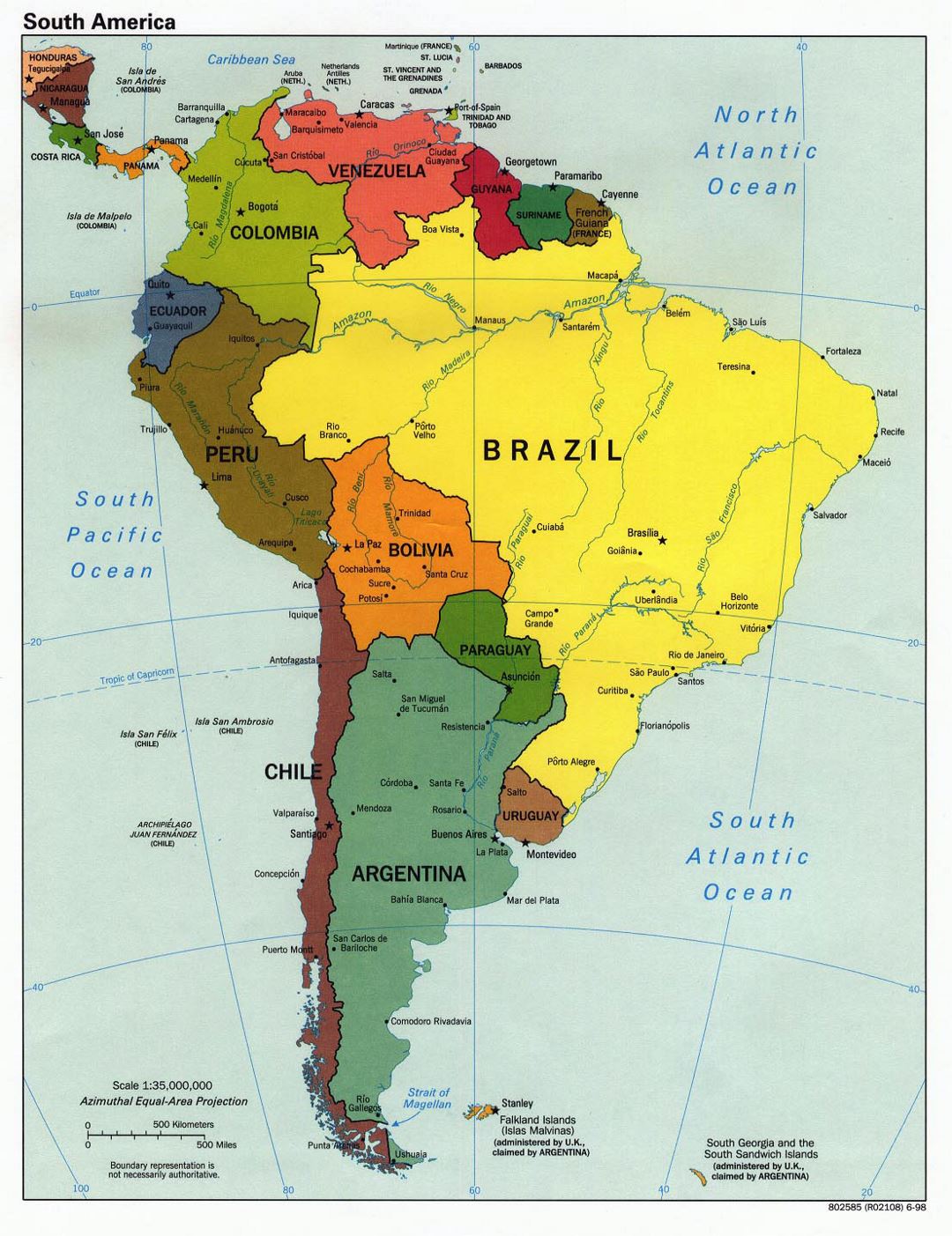Large detailed political map of South America with capitals - 1998