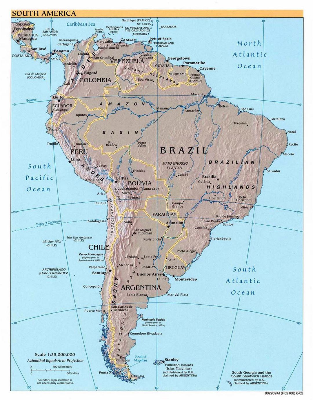 Large detailed political map of South America with relief - 2002