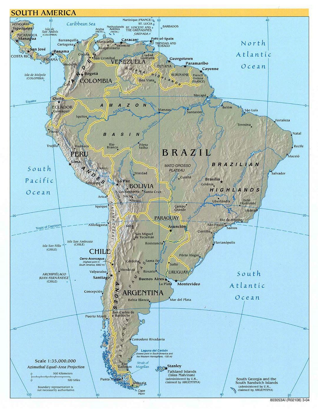 Large detailed political map of South America with relief and capitals - 2004