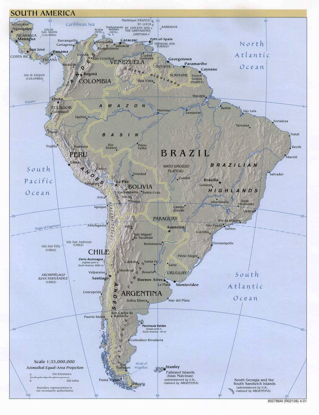 Large detailed political map of South America with relief, major cities and capitals - 2001