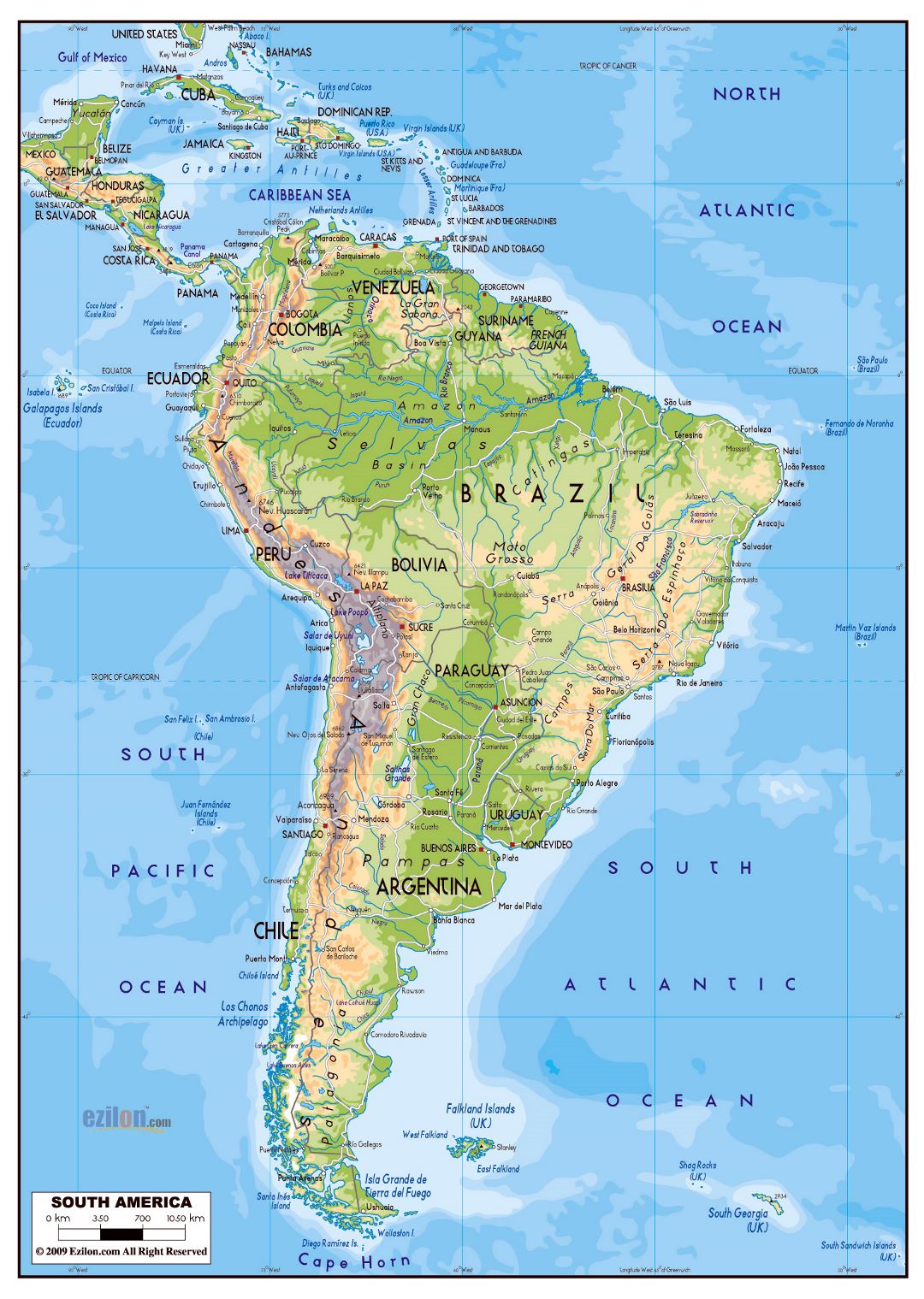Large physical map of South America with roads and major cities
