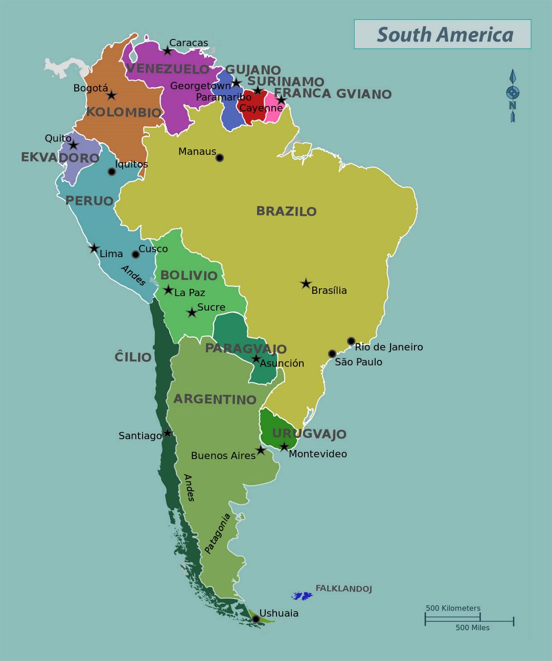 Large political map of South America with capitals