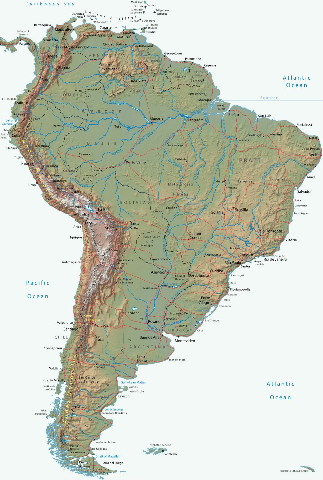 Large political map of South America with relief