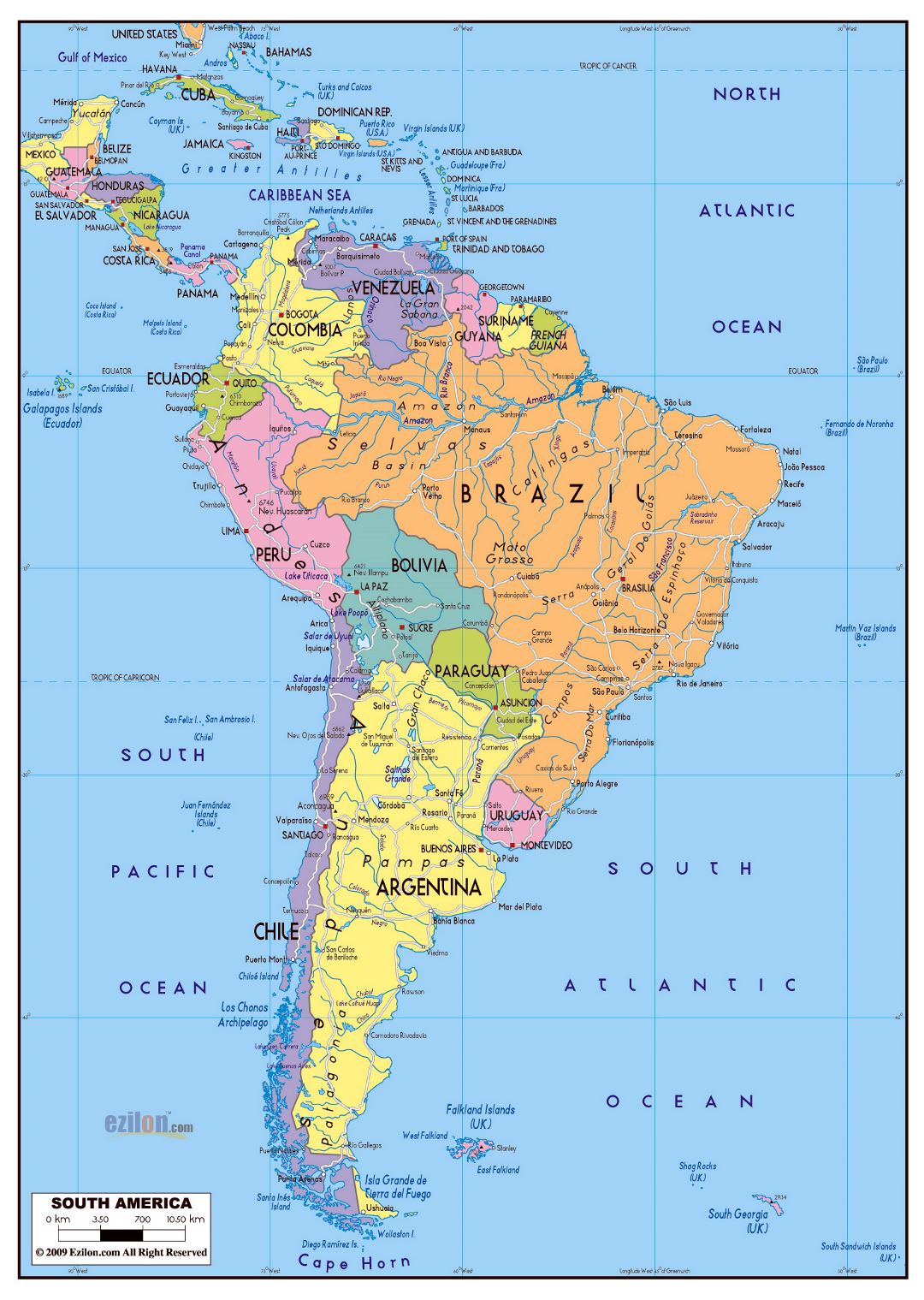 Large political map of South America with roads and major cities