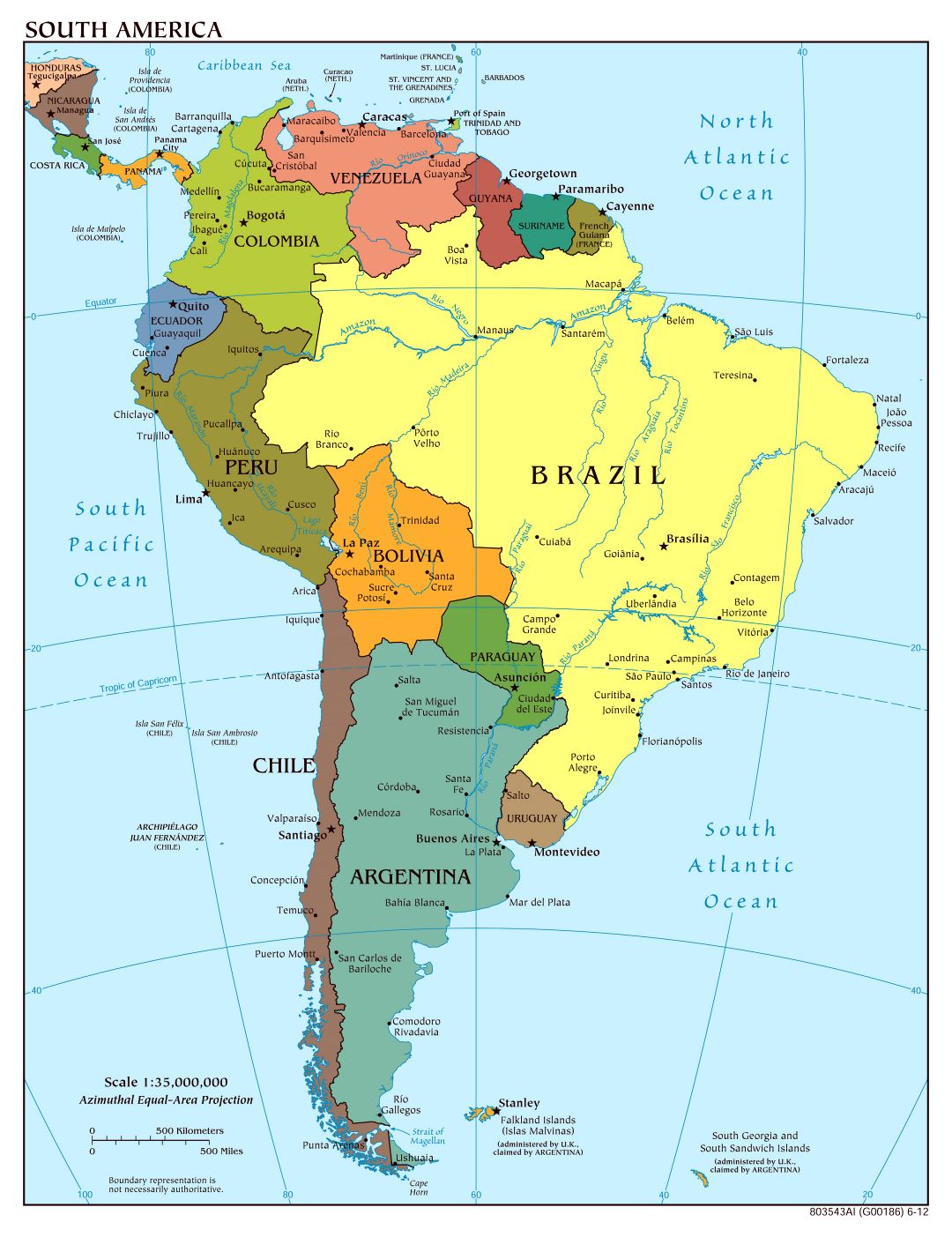 Large scale political map of South America with major cities and capitals - 2012