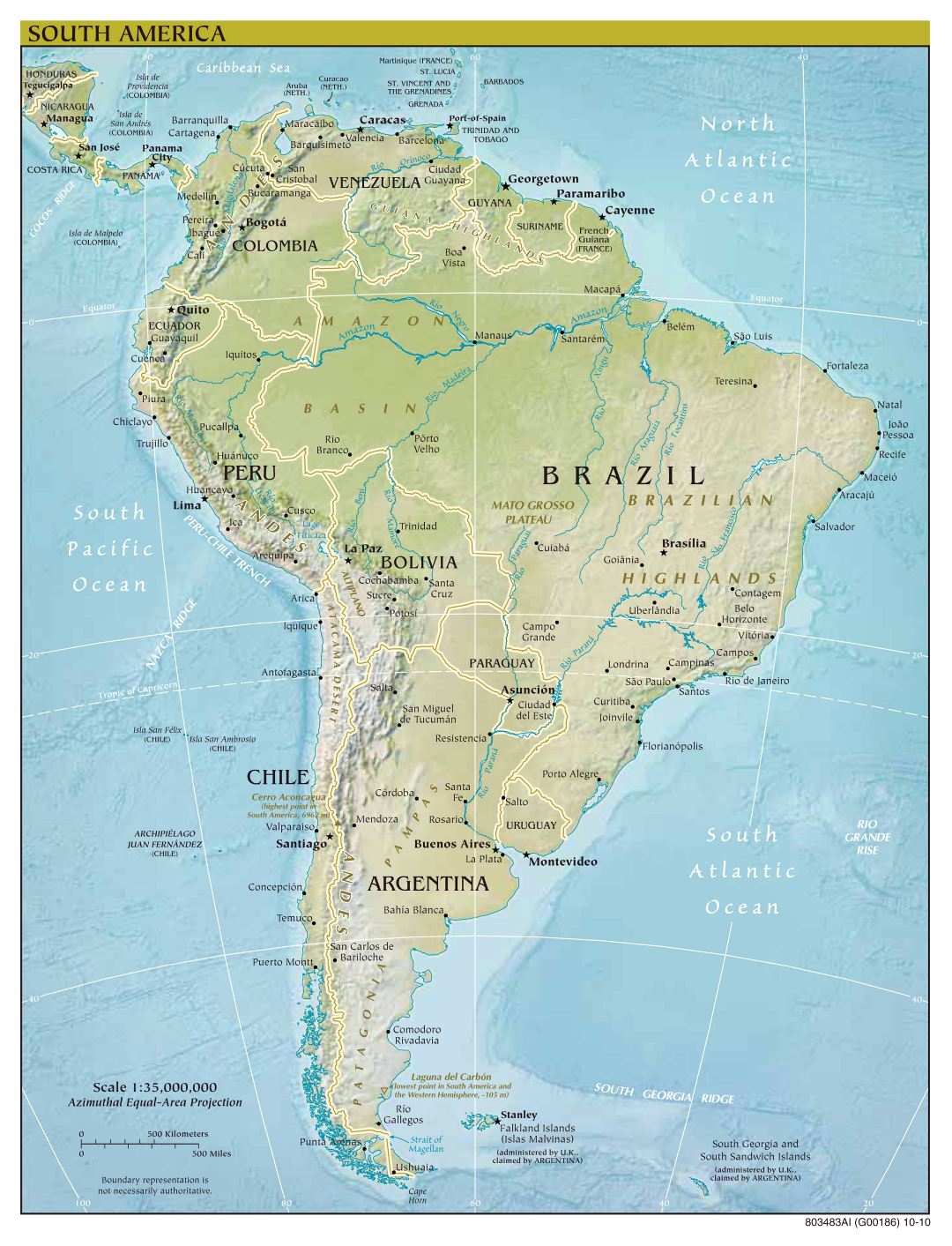 Large scale political map of South America with relief - 2010