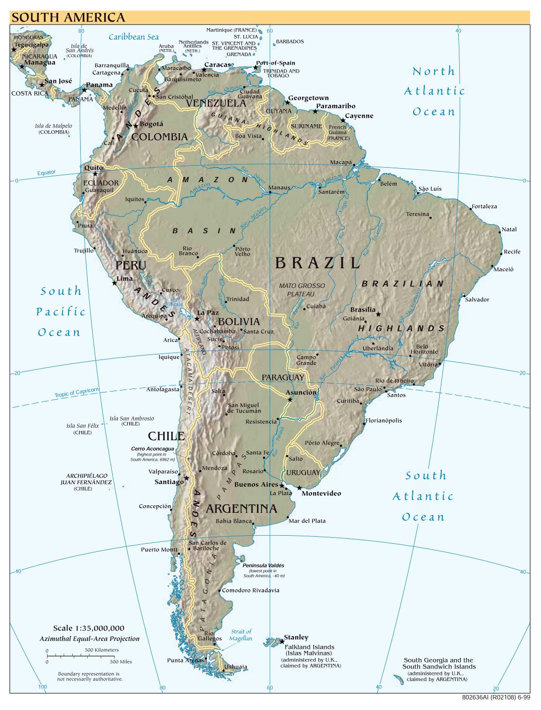 Large scale political map of South America with relief, major cities and capitals - 1999