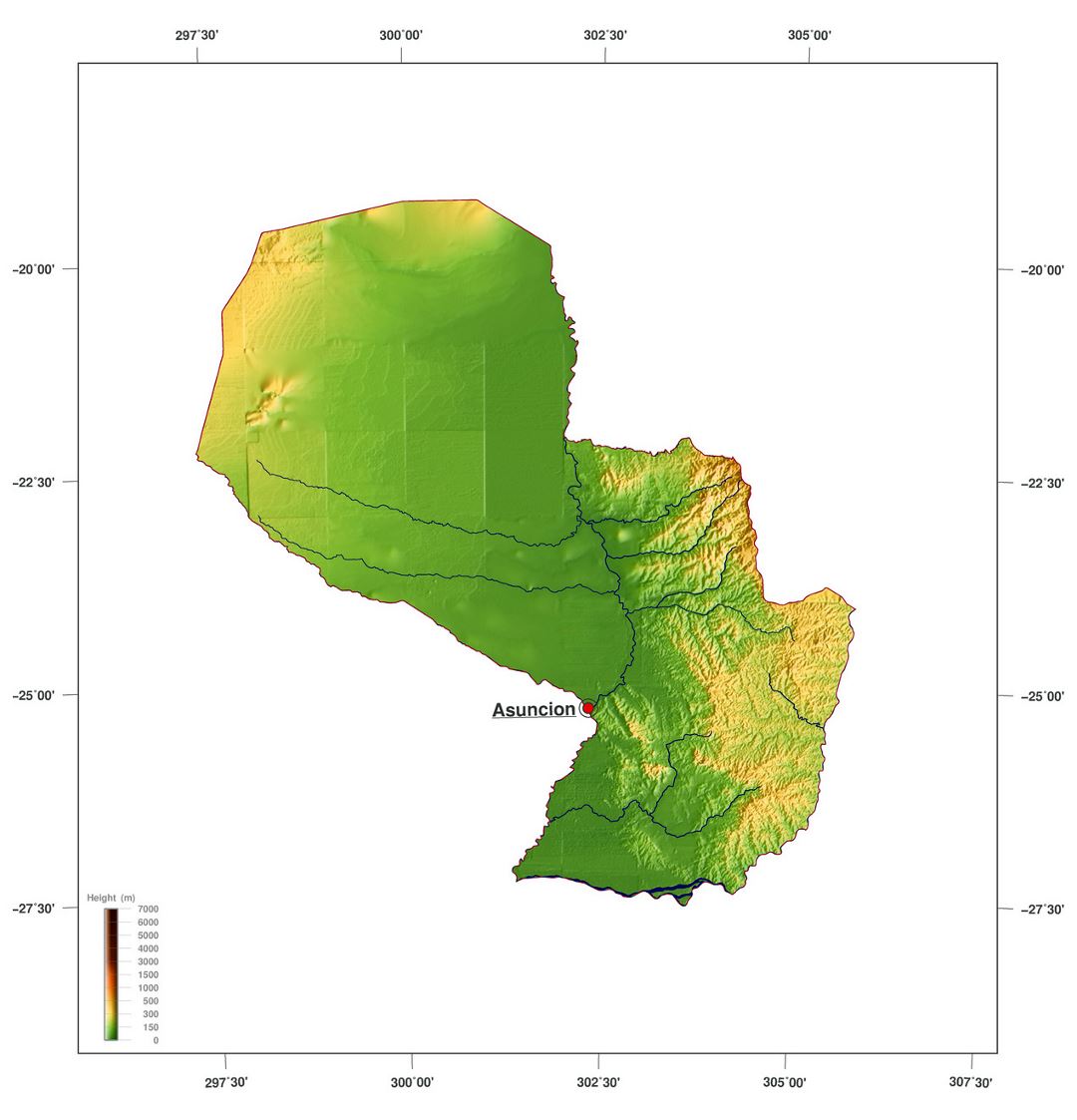 Detailed physical map of Paraguay