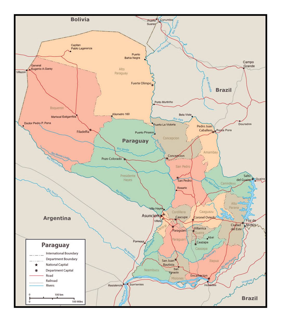 Detailed political and administrative map of Paraguay with roads and cities