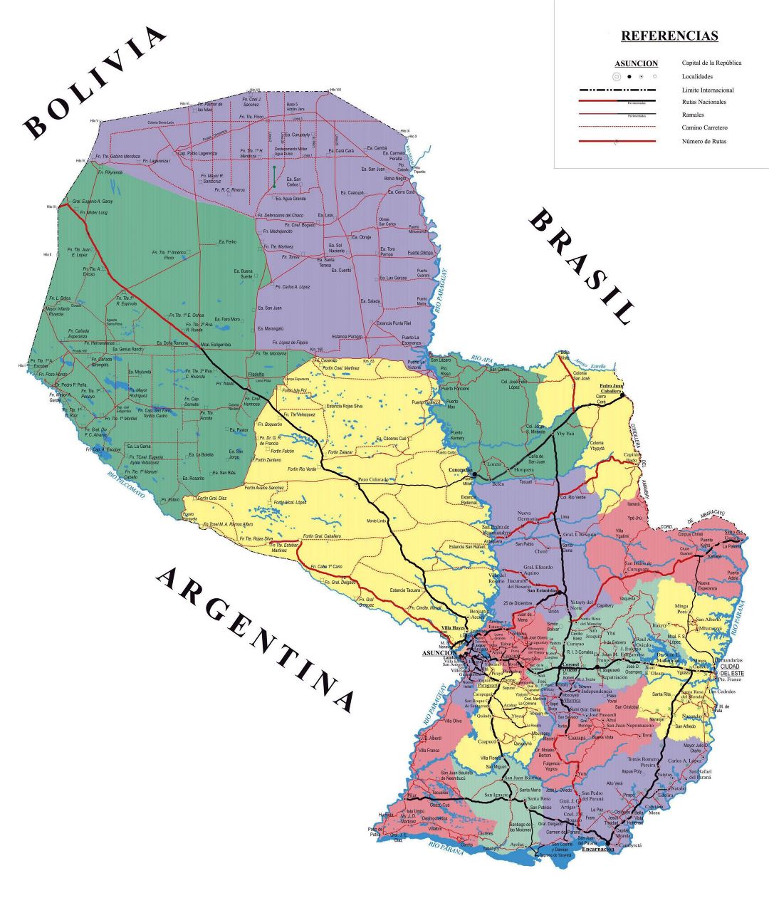 Large detailed administrative map of Paraguay with roads and all cities