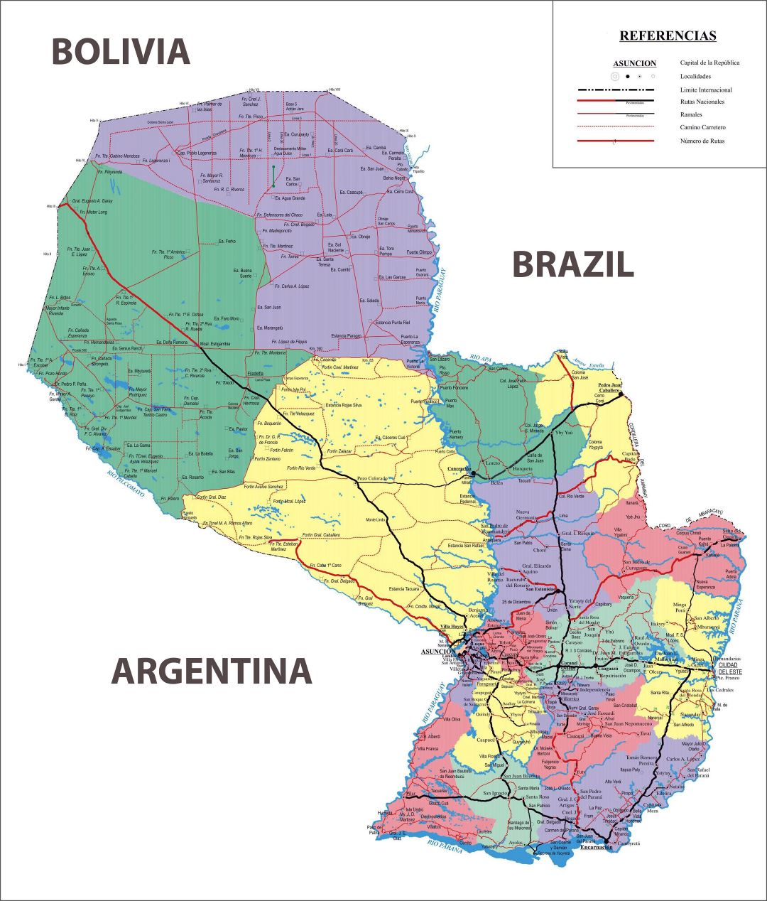 Large detailed administrative map of Paraguay with roads and cities
