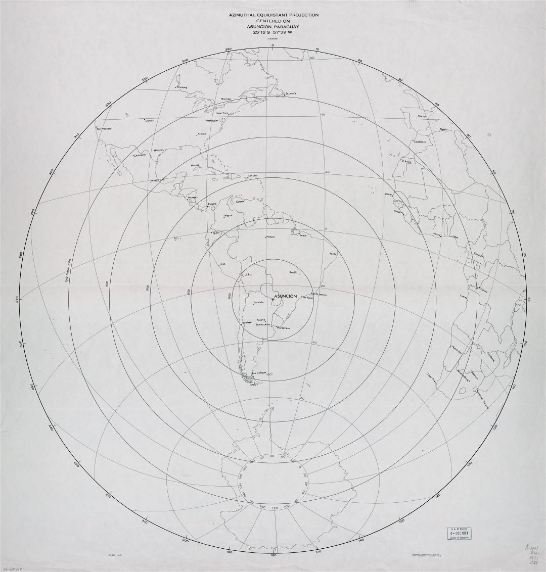 Large detailed azimuthal equidistant projection map - centered on Asuncion, Paraguay - 1971
