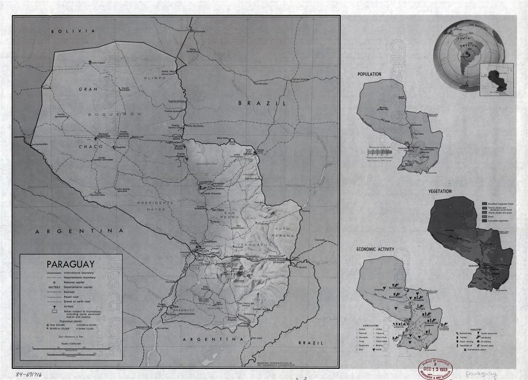 Large detailed country profile map of Paraguay - 1983