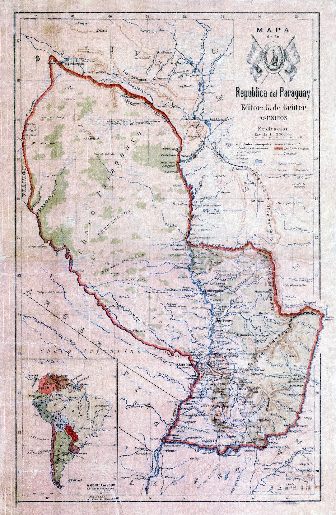 Large detailed old topographical map of Paraguay