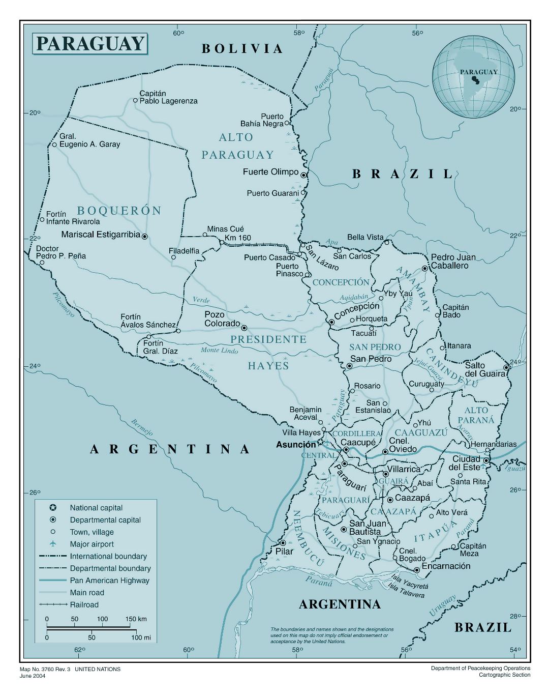 Large detailed political and administrative map of Paraguay