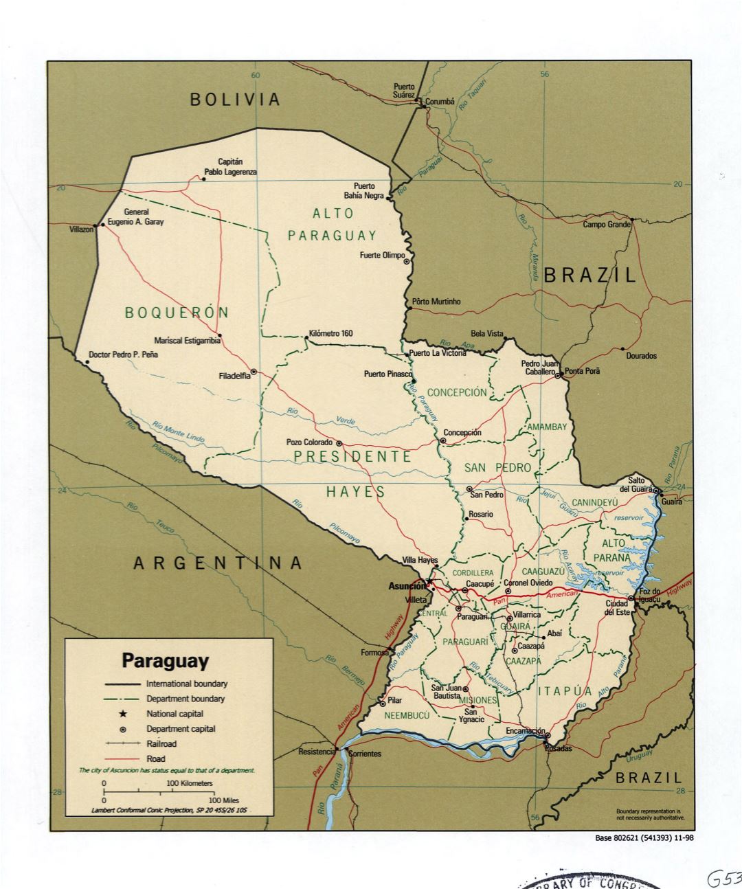 Large detailed political and administrative map of Paraguay with marks of roads, railroads and major cities - 1998
