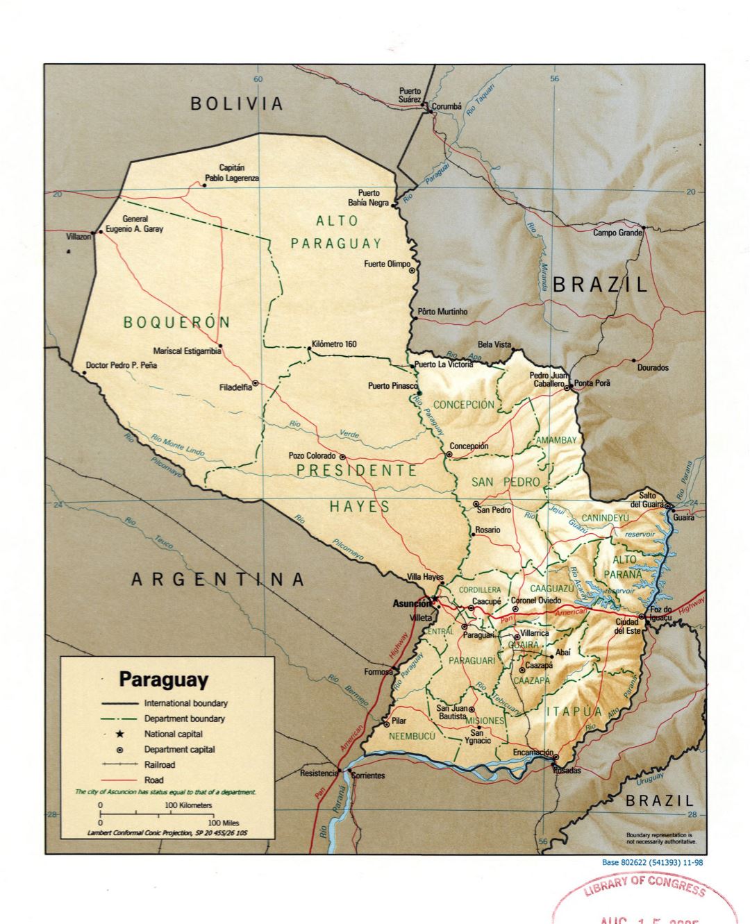 Large detailed political and administrative map of Paraguay with relief, marks of roads, railroads and major cities - 1998
