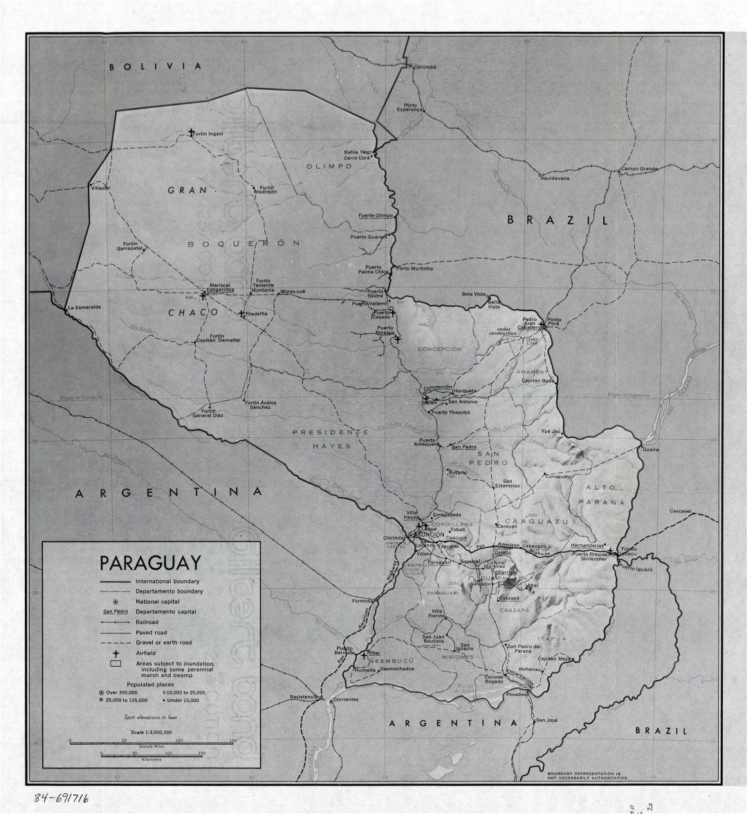 Large detailed political and administrative map of Paraguay with relief, marks of roads, railroads, cities and airports - 1983